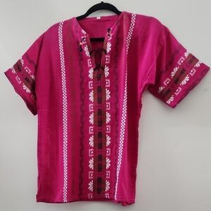 Vibrant Pink Short Sleeve Top with Patterned Design